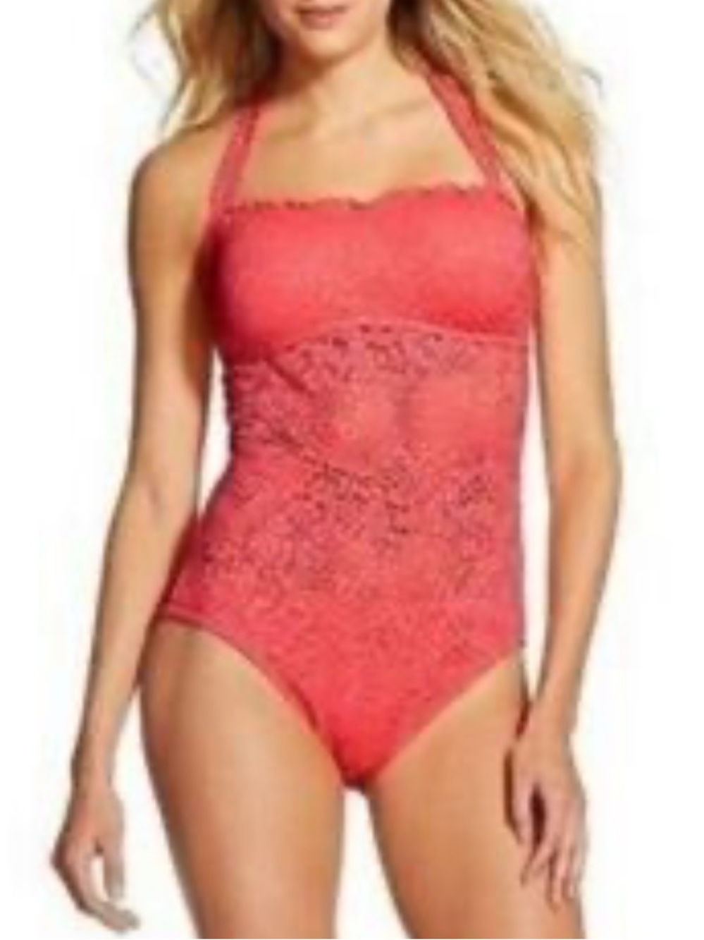 {Target} Mossimo | Coral Pink Crochet Lace Halter One Piece Swimsuit (M)